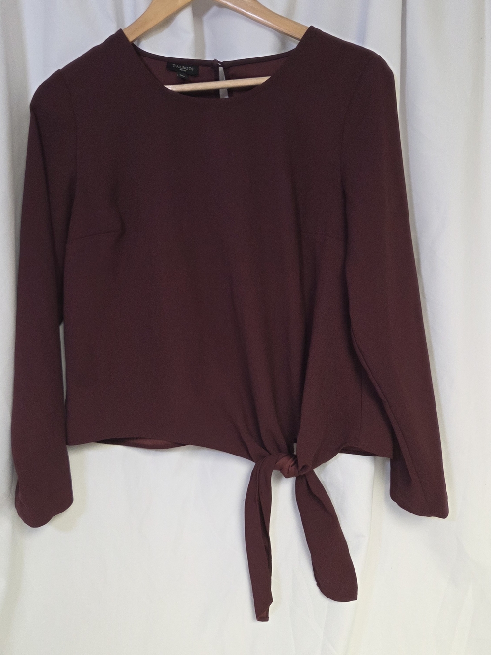 Talbots Medium Petite Maroon Burgundy Long Sleeve Blouse Shirt Top Tie Waist